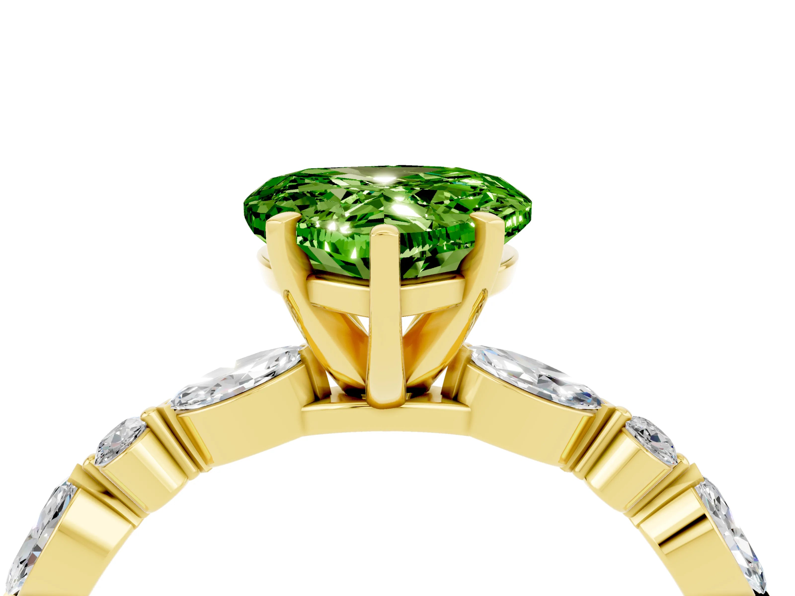 Yellow gold Heart Cut Peridot Solitaire with Side Stones on a Pavé Band and Four-Prong Setting_4