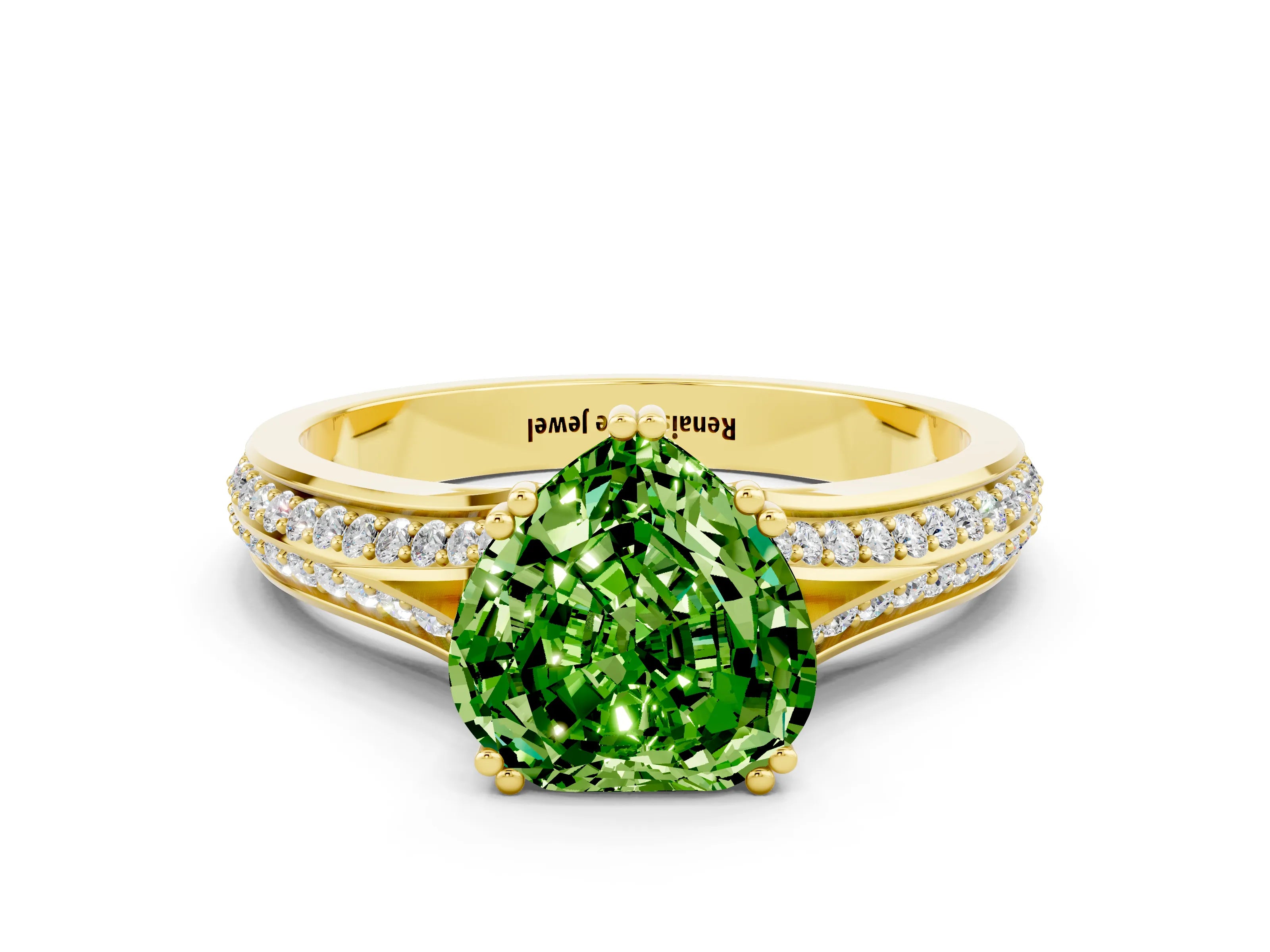 Yellow gold Heart Cut Peridot Split Shank Engagement Ring with Pavé Band