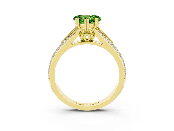 Yellow gold Heart Cut Peridot Split Shank Engagement Ring with Pavé Band