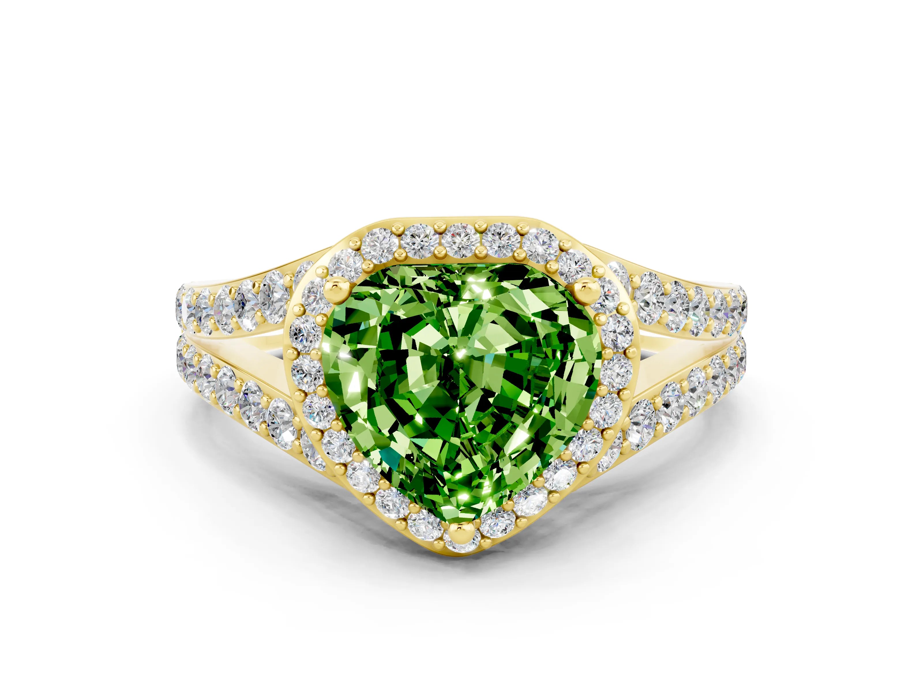 Yellow gold Heart Cut Peridot Split Shank Halo Ring with Four-Prong Setting_12