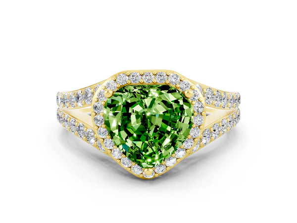 Yellow gold Heart Cut Peridot Split Shank Halo Ring with Four-Prong Setting