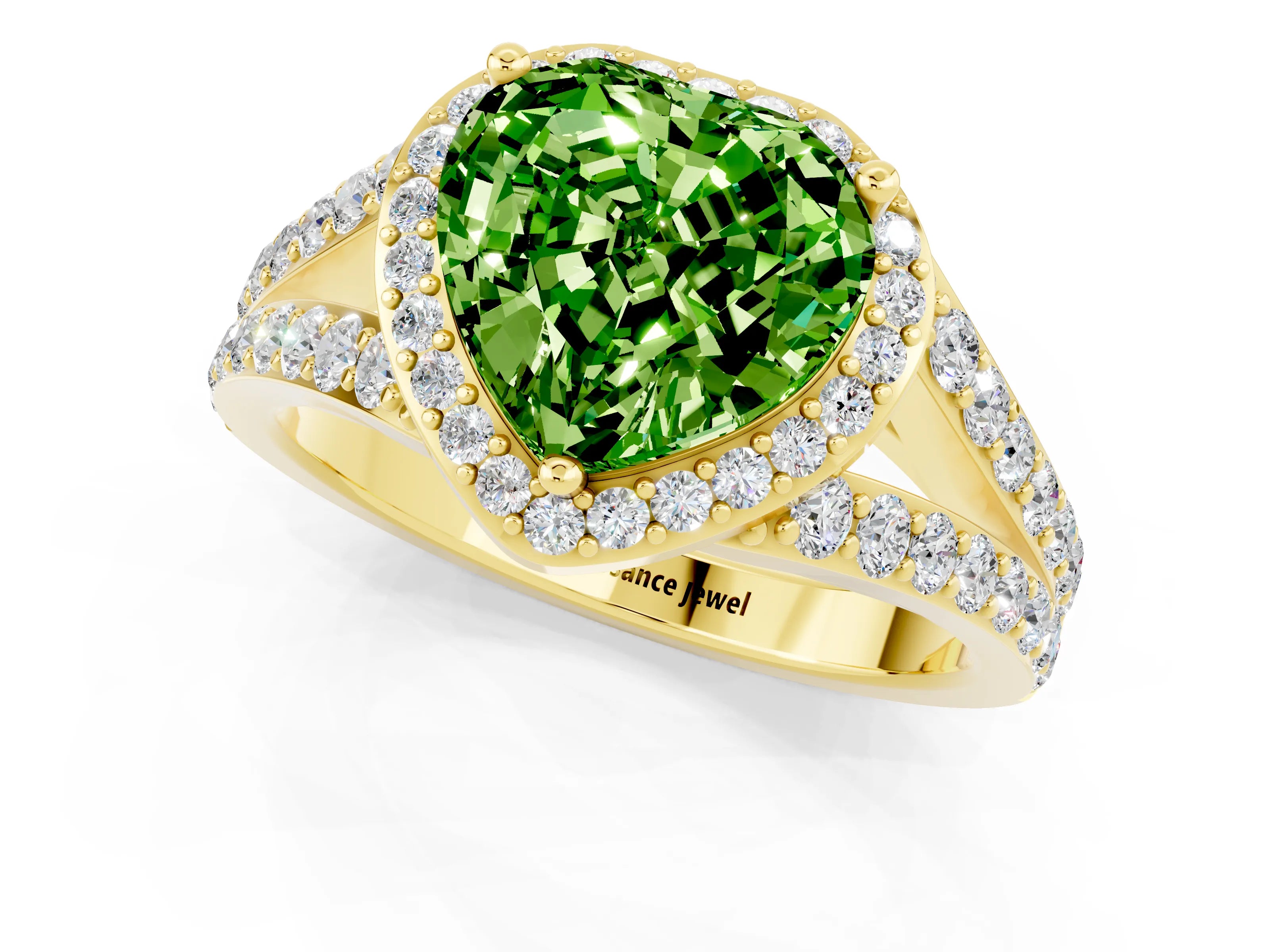 Yellow gold Heart Cut Peridot Split Shank Halo Ring with Four-Prong Setting_13