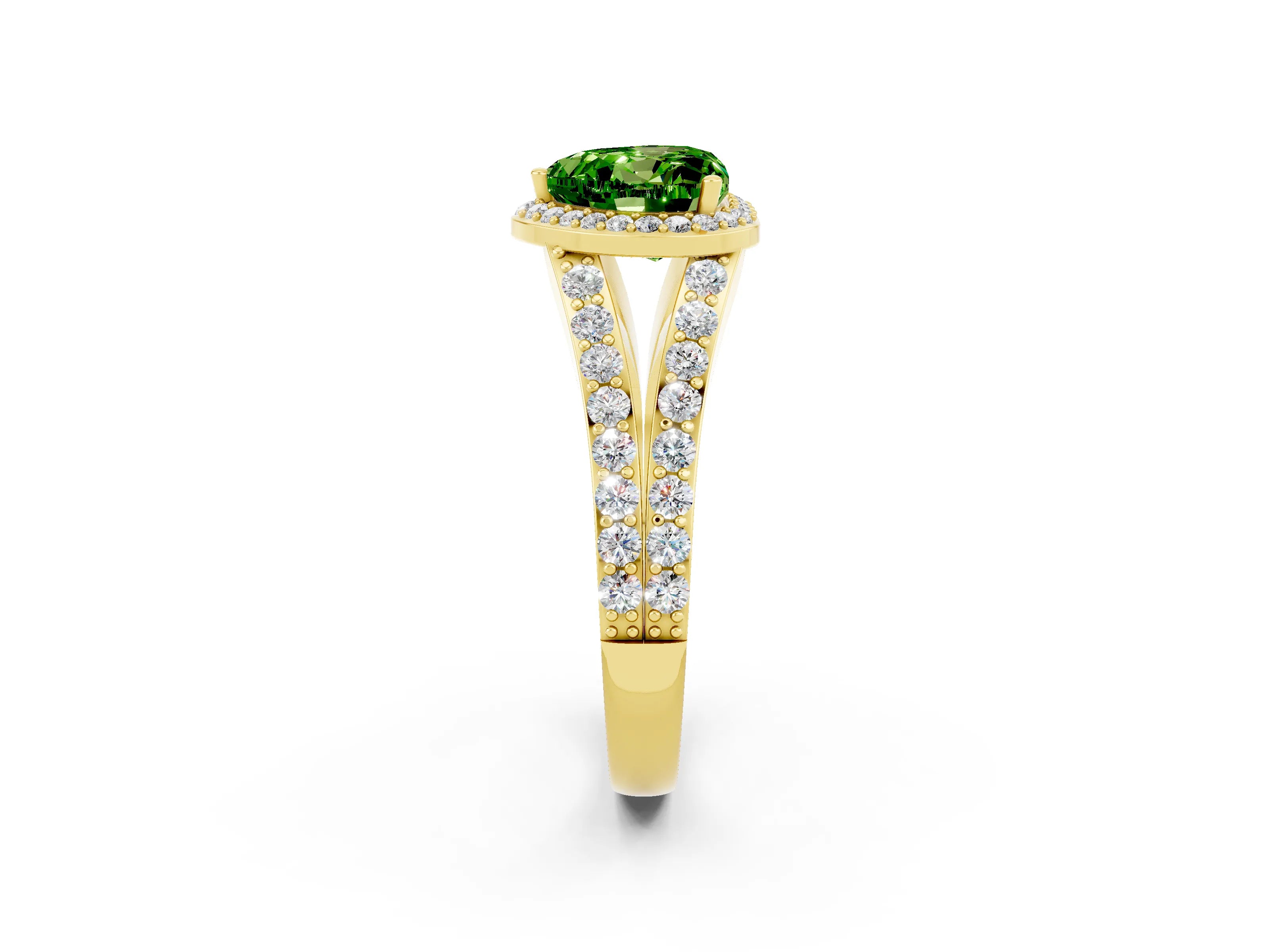 Yellow gold Heart Cut Peridot Split Shank Halo Ring with Four-Prong Setting_14