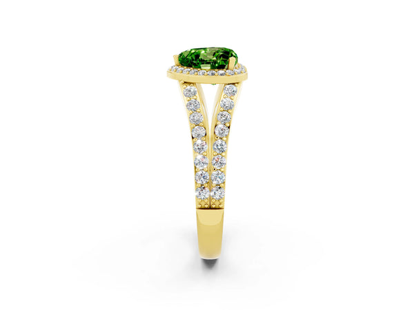 Yellow gold Heart Cut Peridot Split Shank Halo Ring with Four-Prong Setting