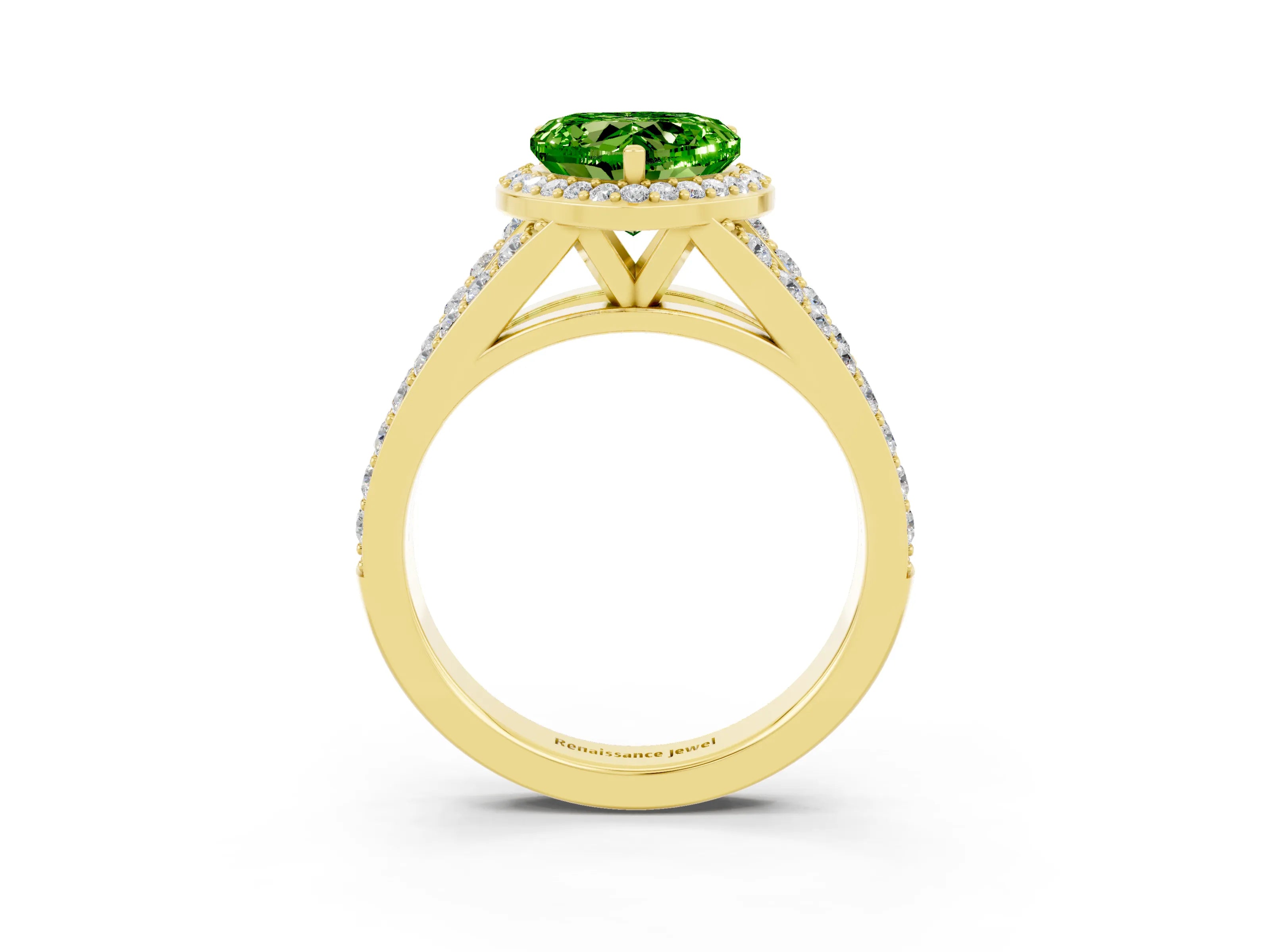 Yellow gold Heart Cut Peridot Split Shank Halo Ring with Four-Prong Setting_15