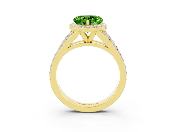 Yellow gold Heart Cut Peridot Split Shank Halo Ring with Four-Prong Setting