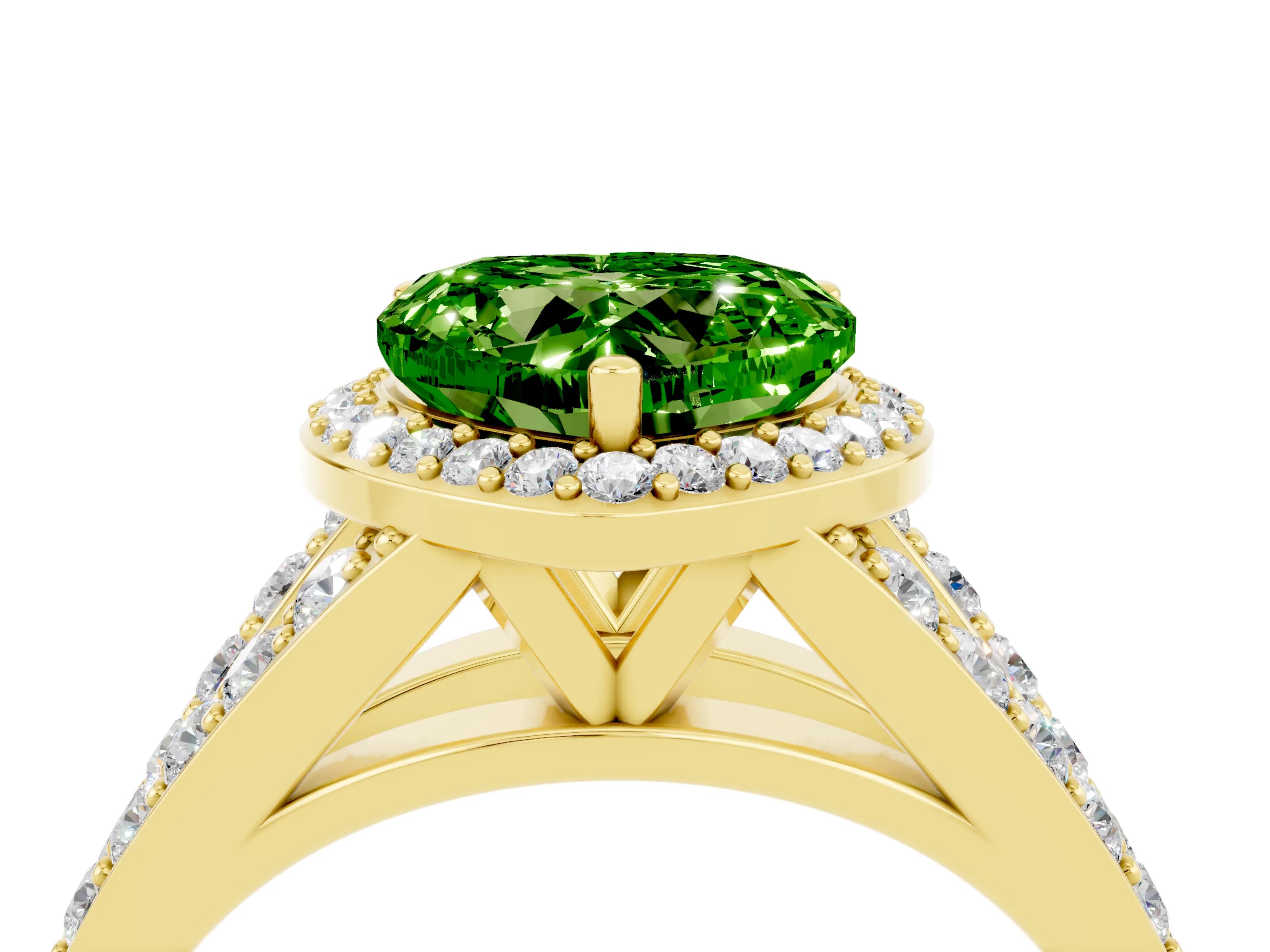 Yellow gold Heart Cut Peridot Split Shank Halo Ring with Four-Prong Setting_16