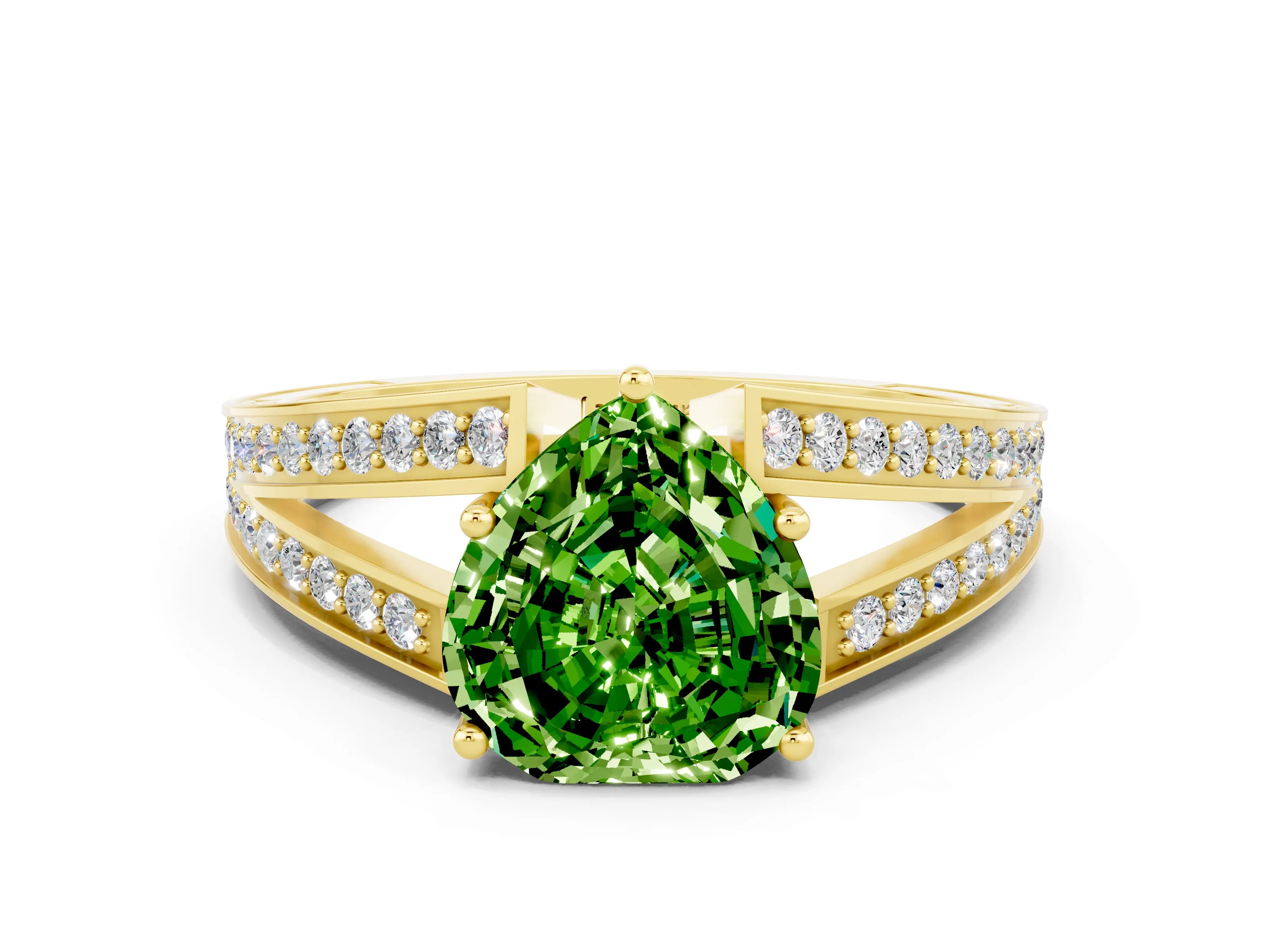 Yellow gold Heart Cut Peridot Split Shank Ring with Pavé Band and Four-Prong Setting