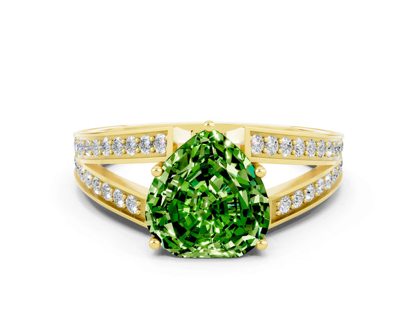 Yellow gold Heart Cut Peridot Split Shank Ring with Pavé Band and Four-Prong Setting