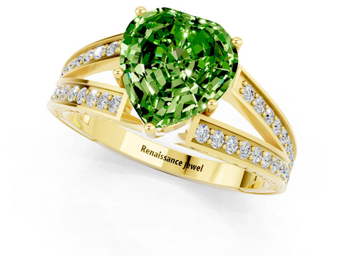 Yellow gold Heart Cut Peridot Split Shank Ring with Pavé Band and Four-Prong Setting_1