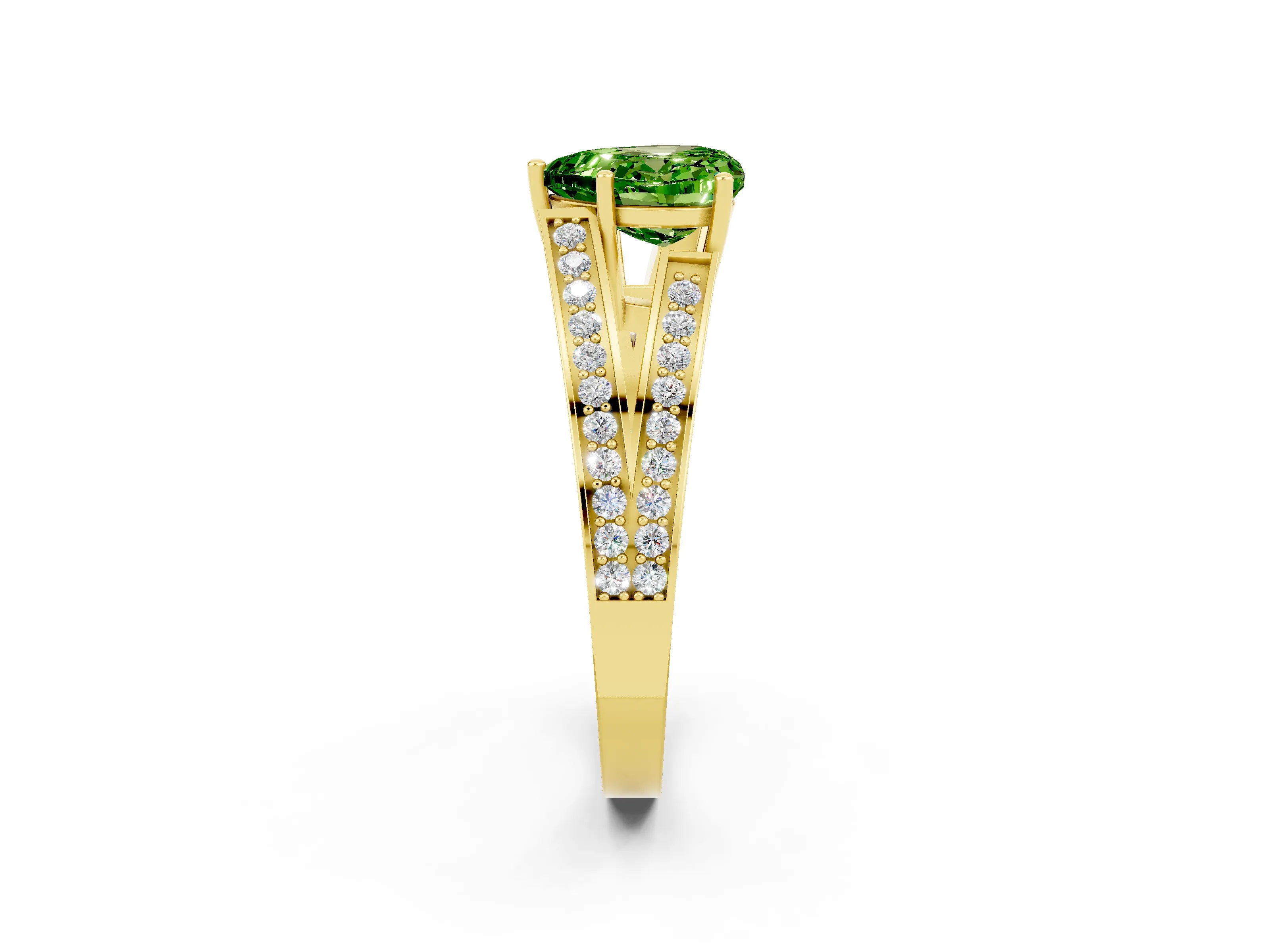 Yellow gold Heart Cut Peridot Split Shank Ring with Pavé Band and Four-Prong Setting_2
