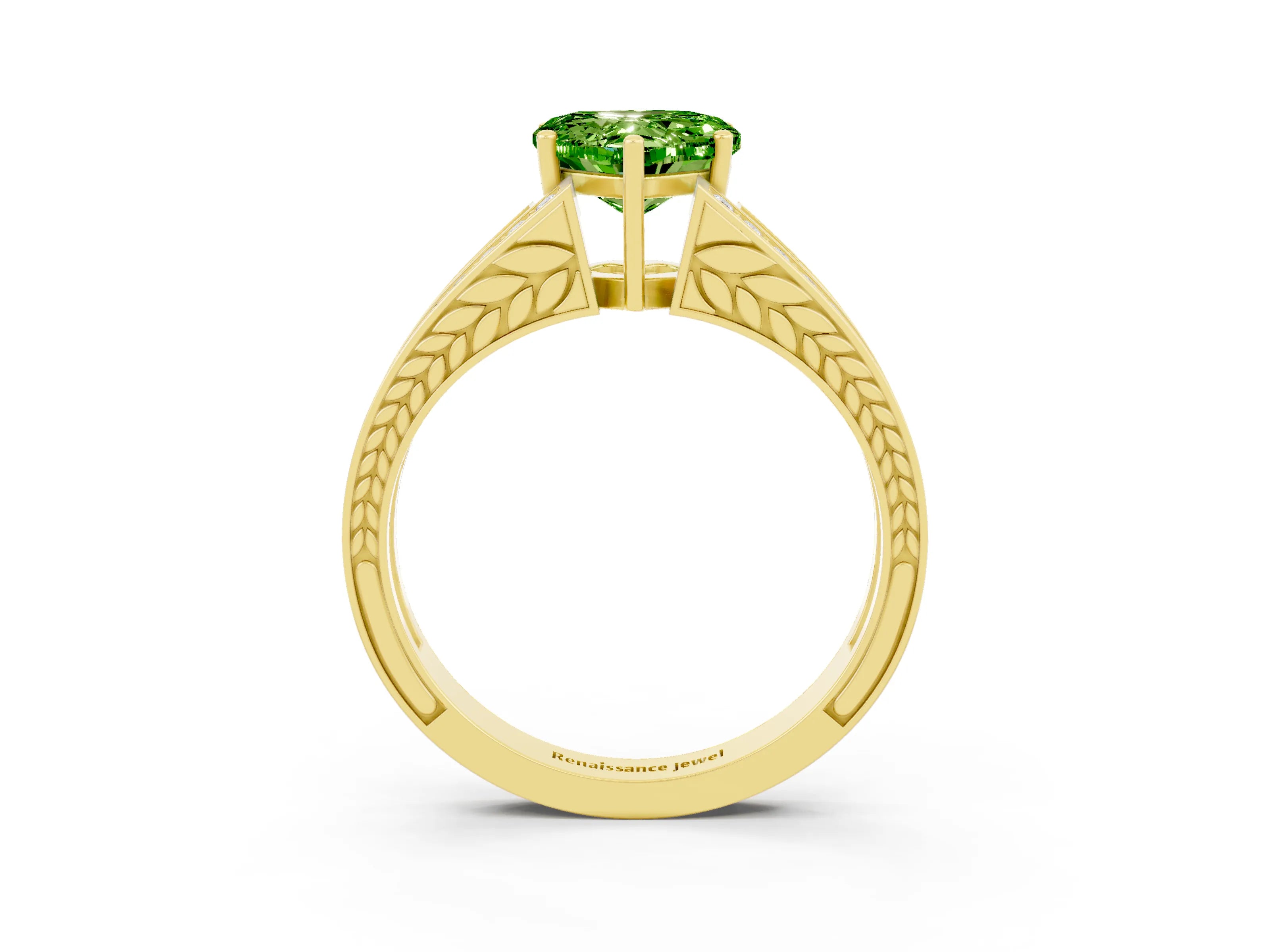 Yellow gold Heart Cut Peridot Split Shank Ring with Pavé Band and Four-Prong Setting_3
