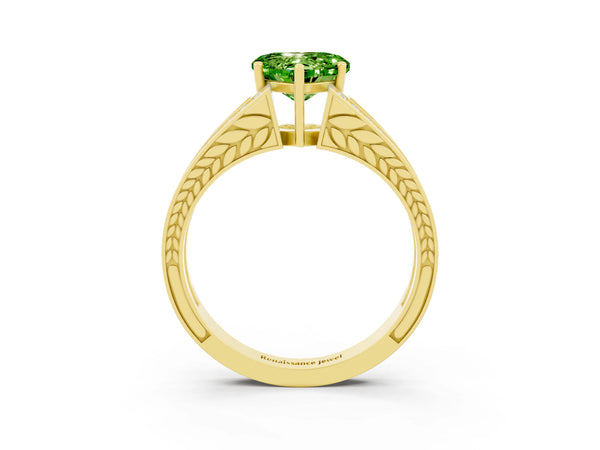 Yellow gold Heart Cut Peridot Split Shank Ring with Pavé Band and Four-Prong Setting