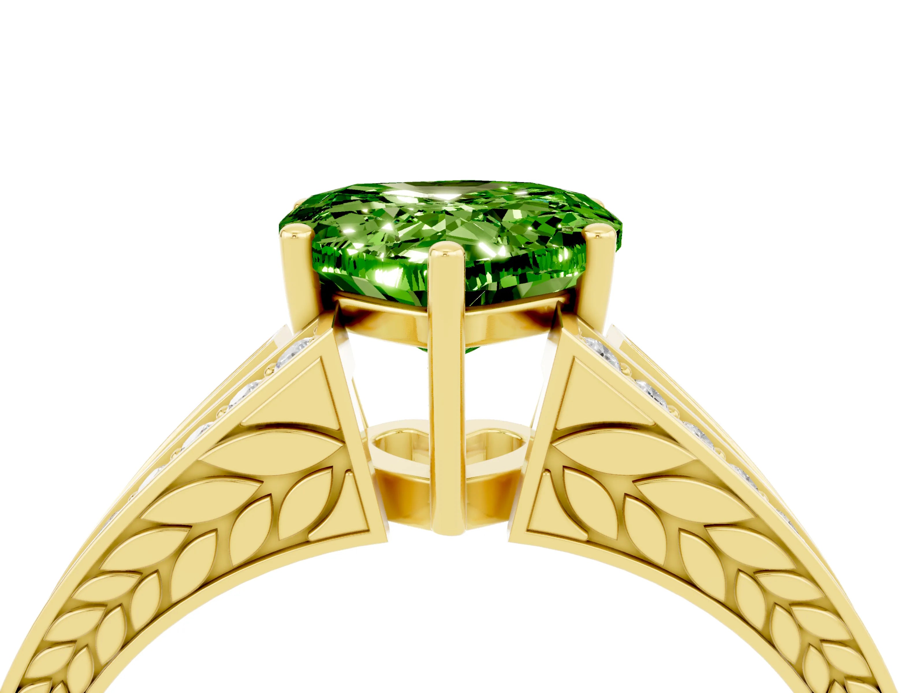 Yellow gold Heart Cut Peridot Split Shank Ring with Pavé Band and Four-Prong Setting_4