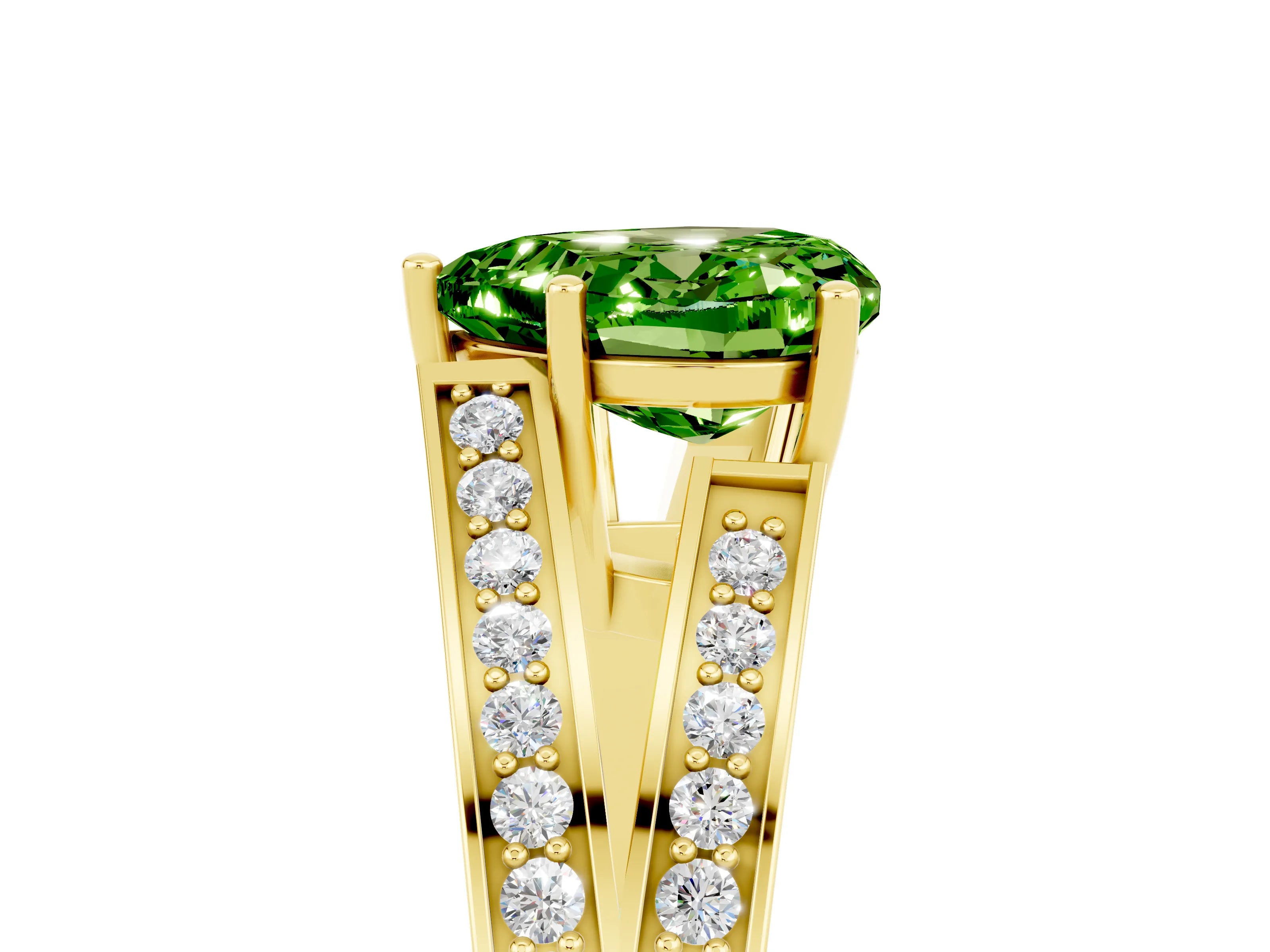 Yellow gold Heart Cut Peridot Split Shank Ring with Pavé Band and Four-Prong Setting_5