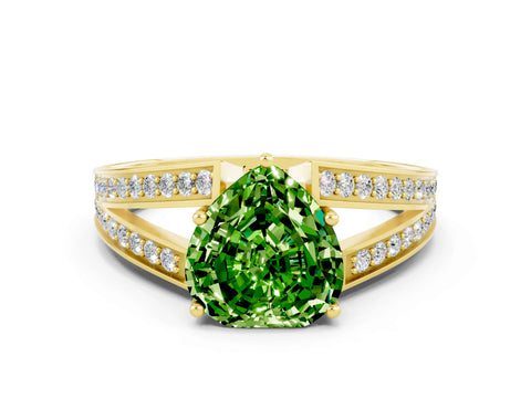 Yellow gold Heart Cut Peridot Split Shank Ring with Pavé Band and Four-Prong Setting