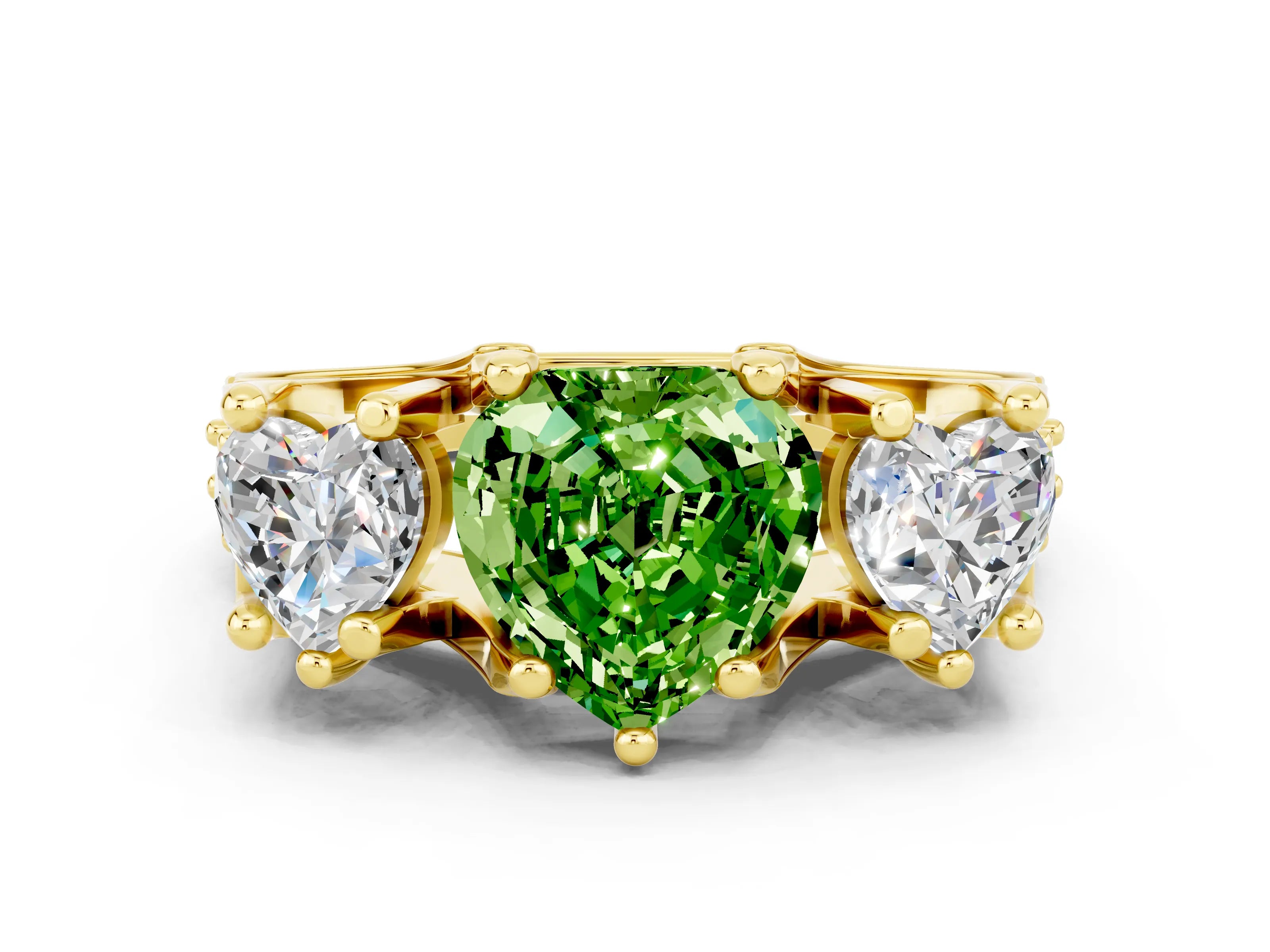 Yellow gold Heart Cut Peridot Three-Stone Ring with Channel Set Band and Four-Prong Setting