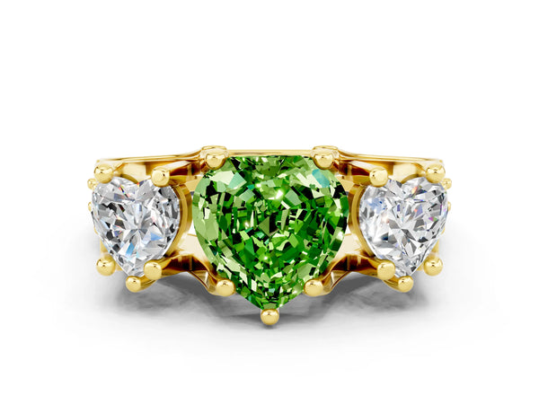Yellow gold Heart Cut Peridot Three-Stone Ring with Channel Set Band and Four-Prong Setting