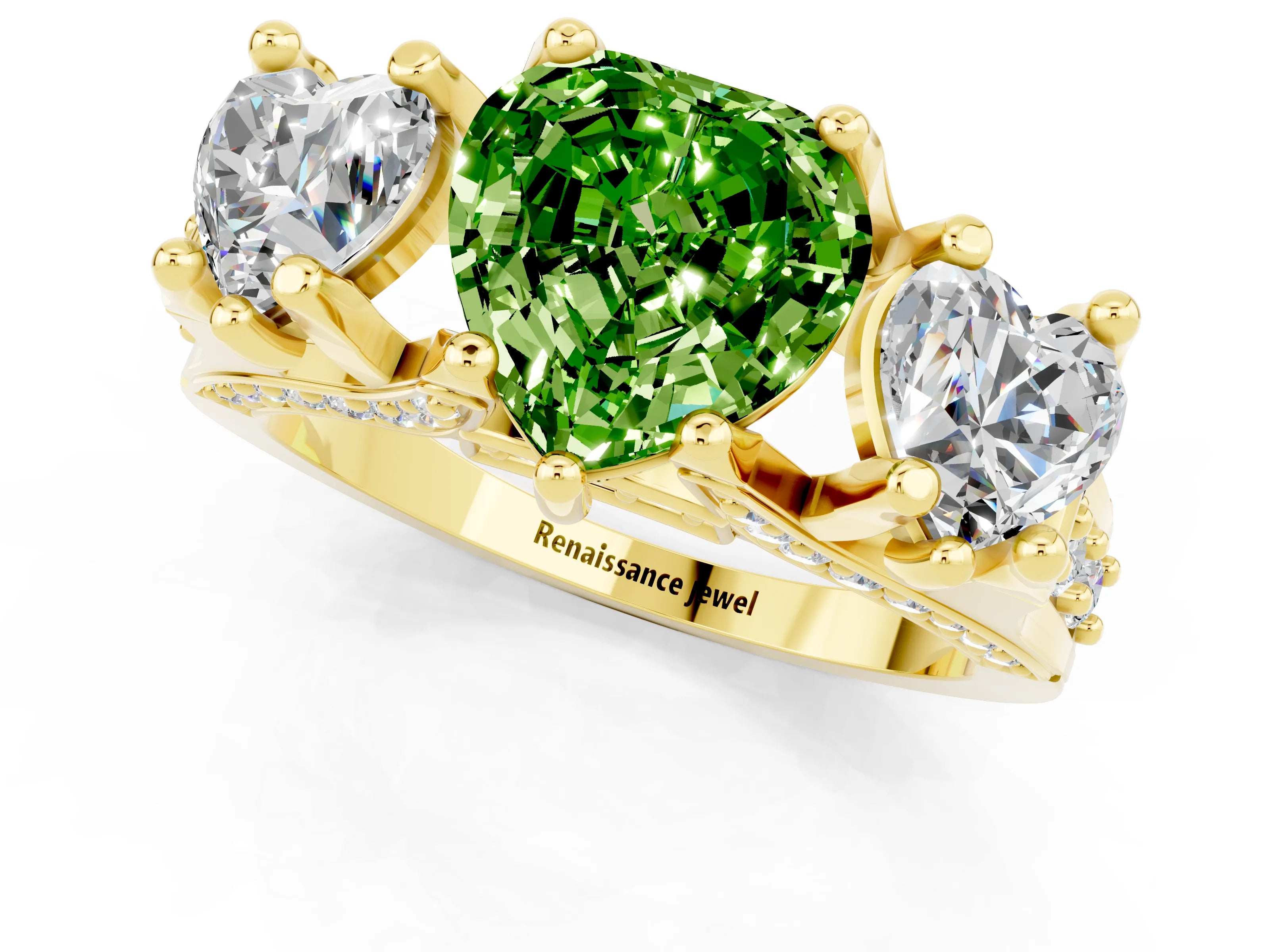 Yellow gold Heart Cut Peridot Three-Stone Ring with Channel Set Band and Four-Prong Setting_1