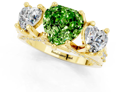 Yellow gold Heart Cut Peridot Three-Stone Ring with Channel Set Band and Four-Prong Setting_1