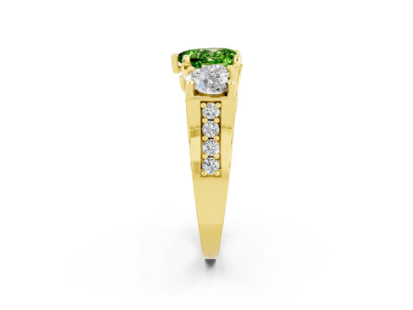 Yellow gold Heart Cut Peridot Three-Stone Ring with Channel Set Band and Four-Prong Setting