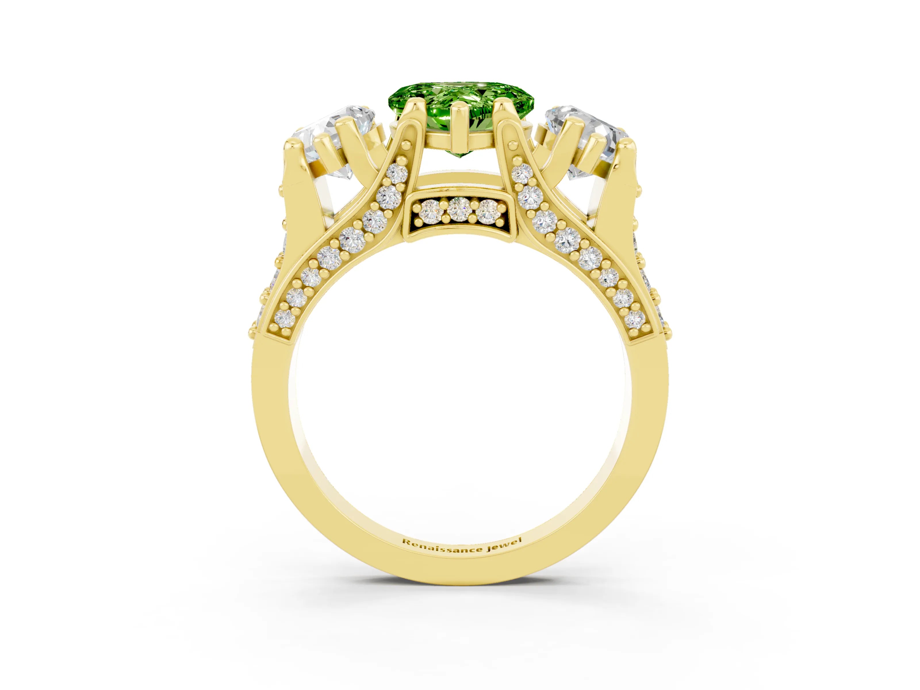 Yellow gold Heart Cut Peridot Three-Stone Ring with Channel Set Band and Four-Prong Setting_3