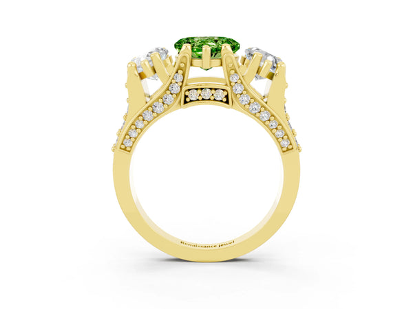 Yellow gold Heart Cut Peridot Three-Stone Ring with Channel Set Band and Four-Prong Setting