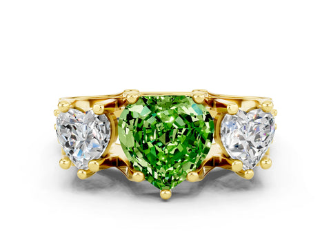 Yellow gold Heart Cut Peridot Three-Stone Ring with Channel Set Band and Four-Prong Setting