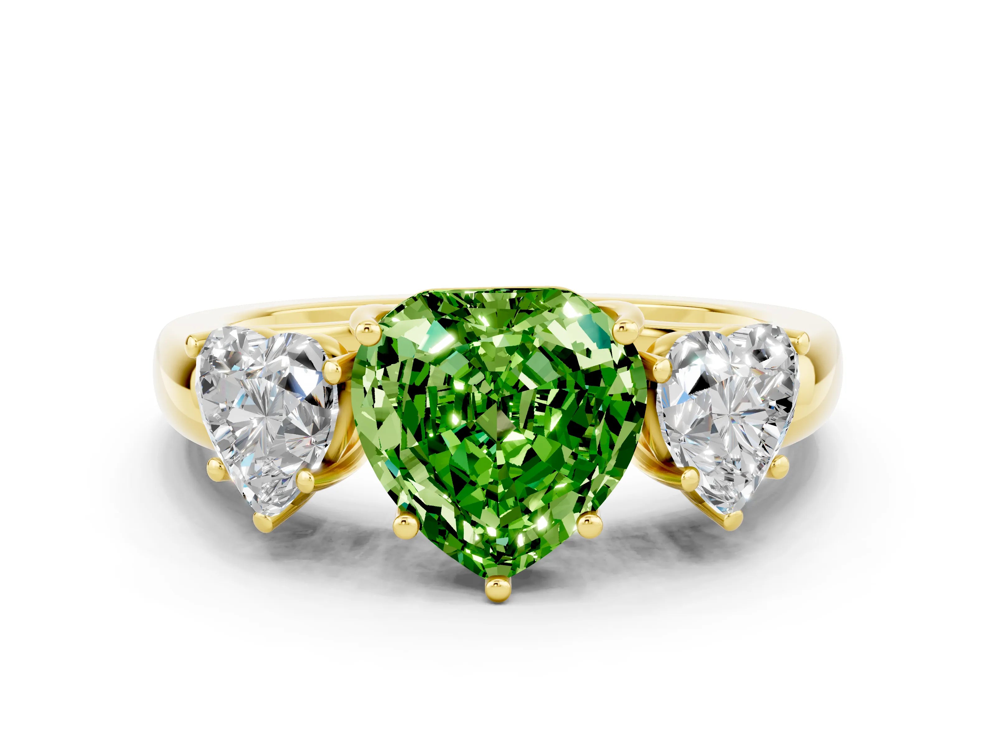 Yellow gold Heart Cut Peridot Three-Stone Ring with Four-Prong Setting and Classic Band