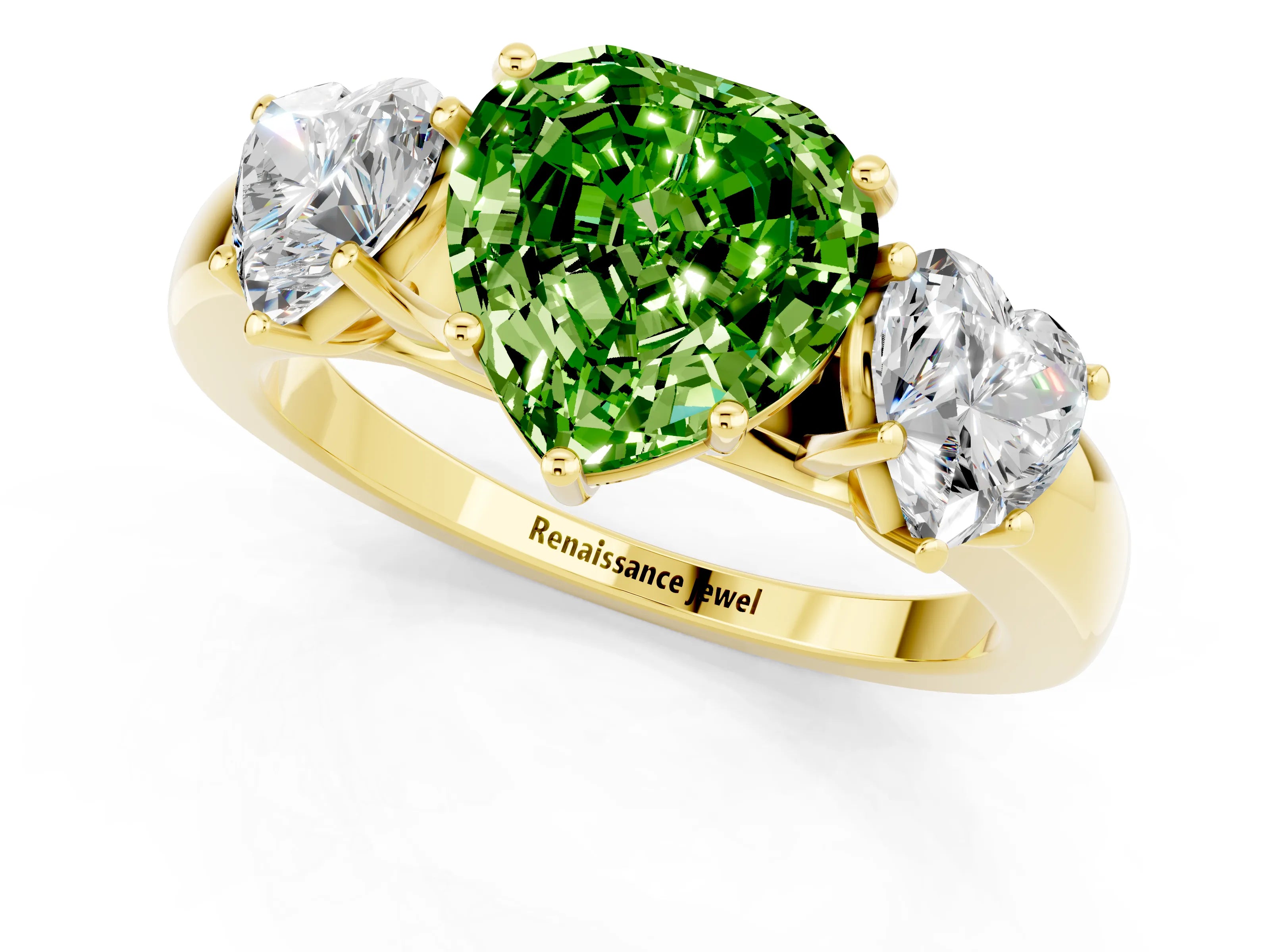 Yellow gold Heart Cut Peridot Three-Stone Ring with Four-Prong Setting and Classic Band_1