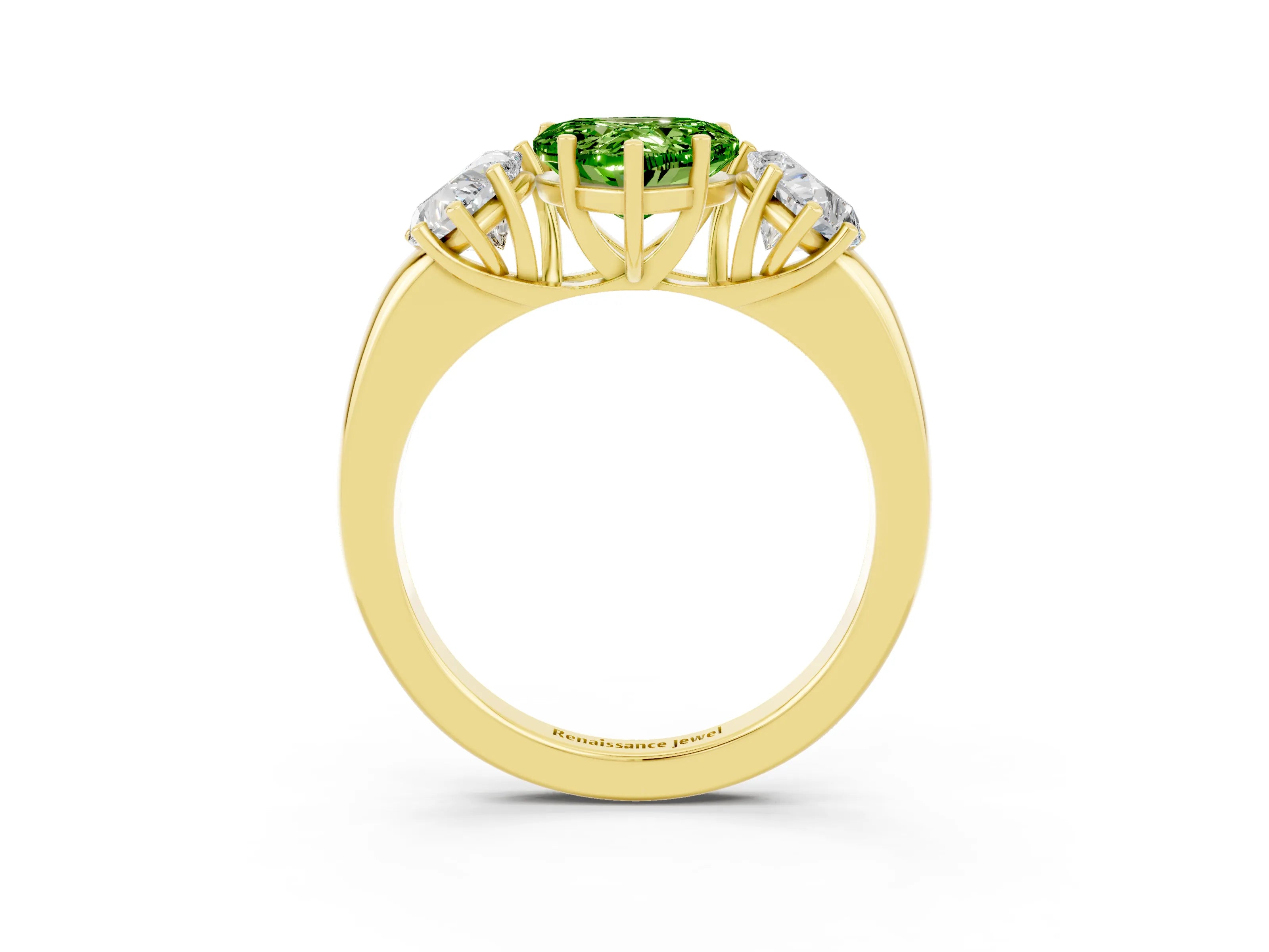 Yellow gold Heart Cut Peridot Three-Stone Ring with Four-Prong Setting and Classic Band_3