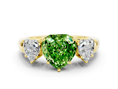 Yellow gold Heart Cut Peridot Three-Stone Ring with Four-Prong Setting and Classic Band