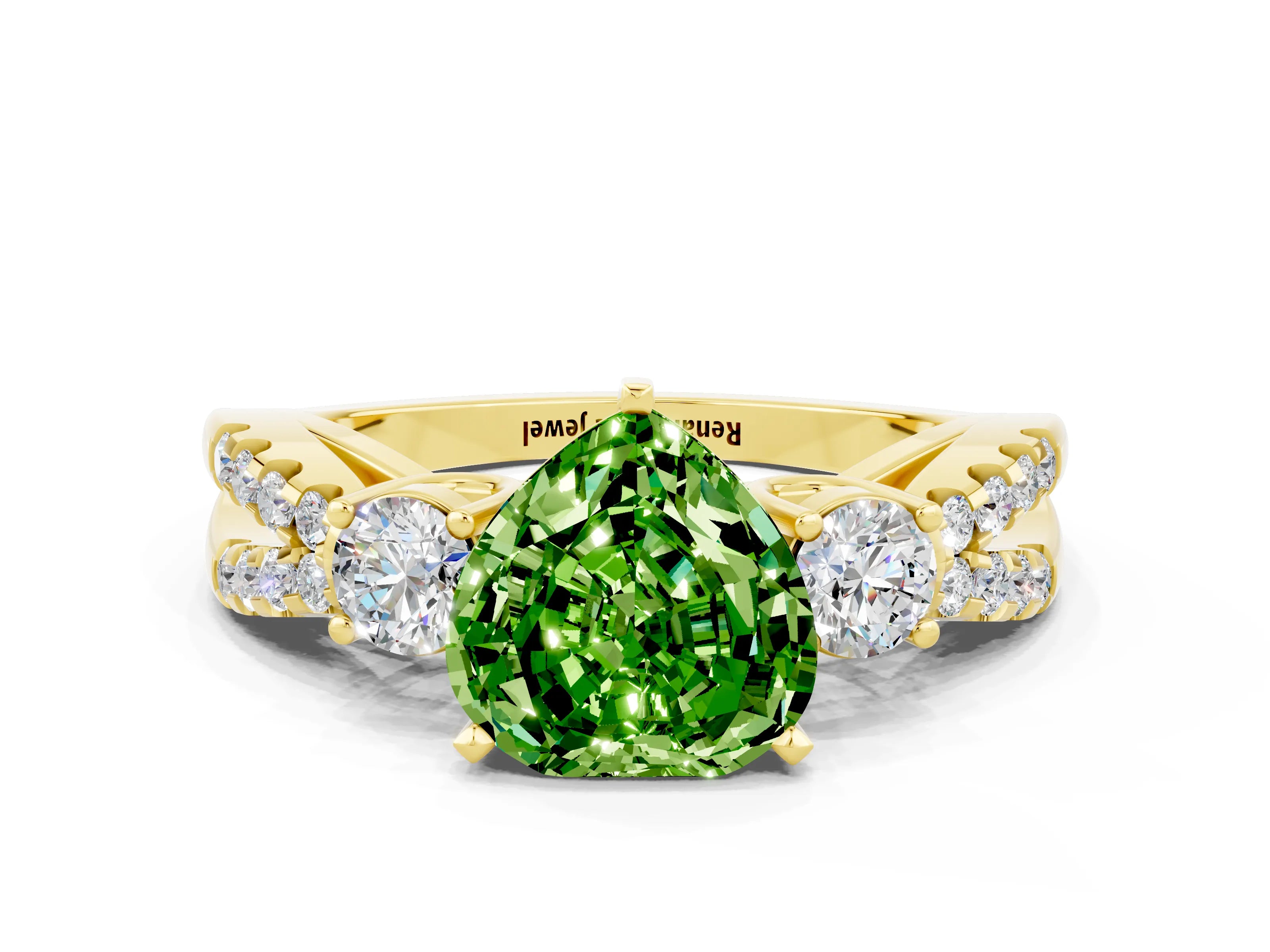Yellow gold Heart Cut Peridot Three-Stone Ring with Pavé Split Shank and Four-Prong Setting