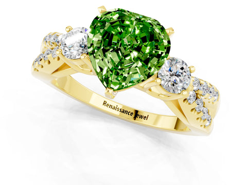 Yellow gold Heart Cut Peridot Three-Stone Ring with Pavé Split Shank and Four-Prong Setting_1