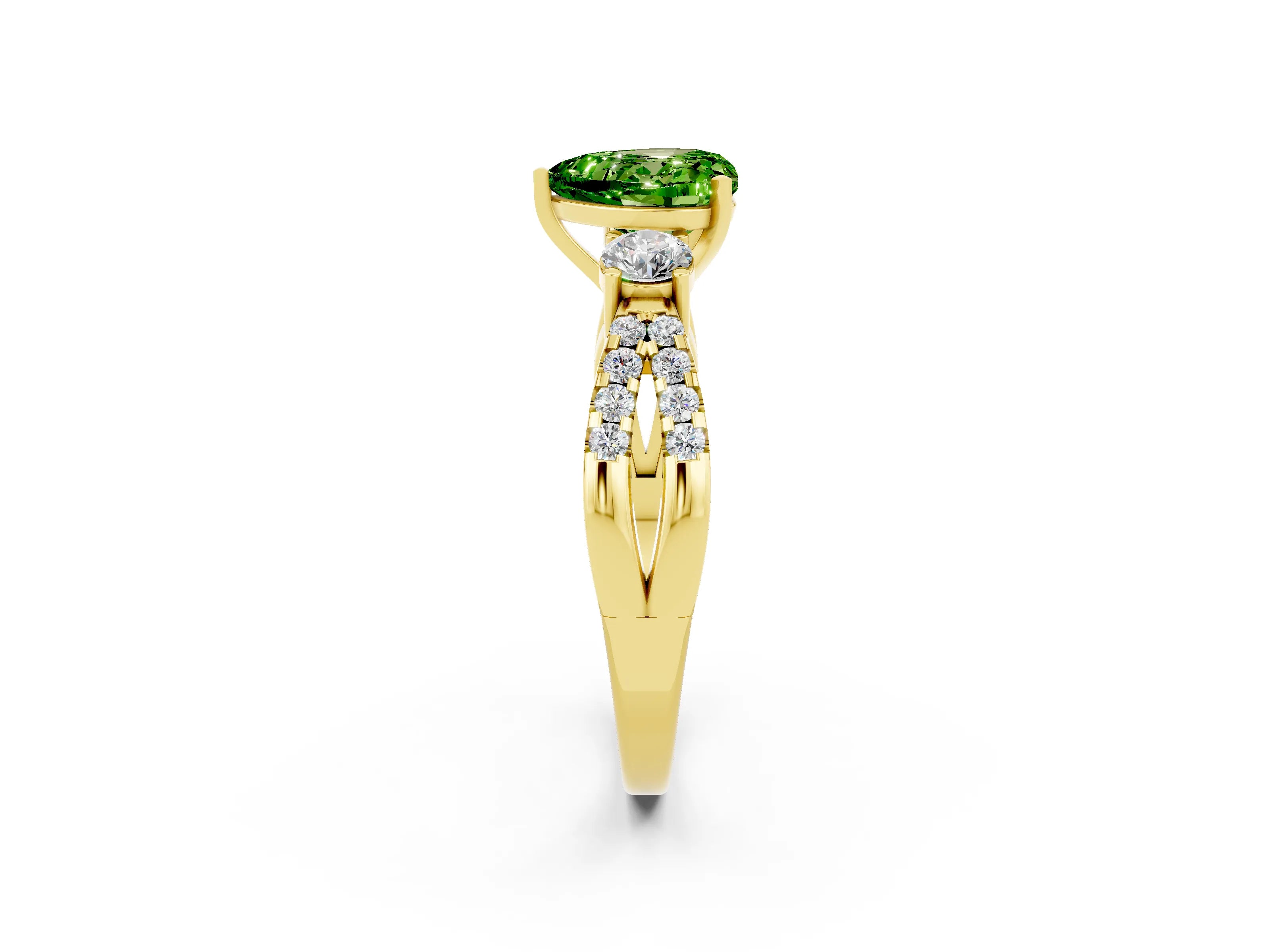 Yellow gold Heart Cut Peridot Three-Stone Ring with Pavé Split Shank and Four-Prong Setting_2