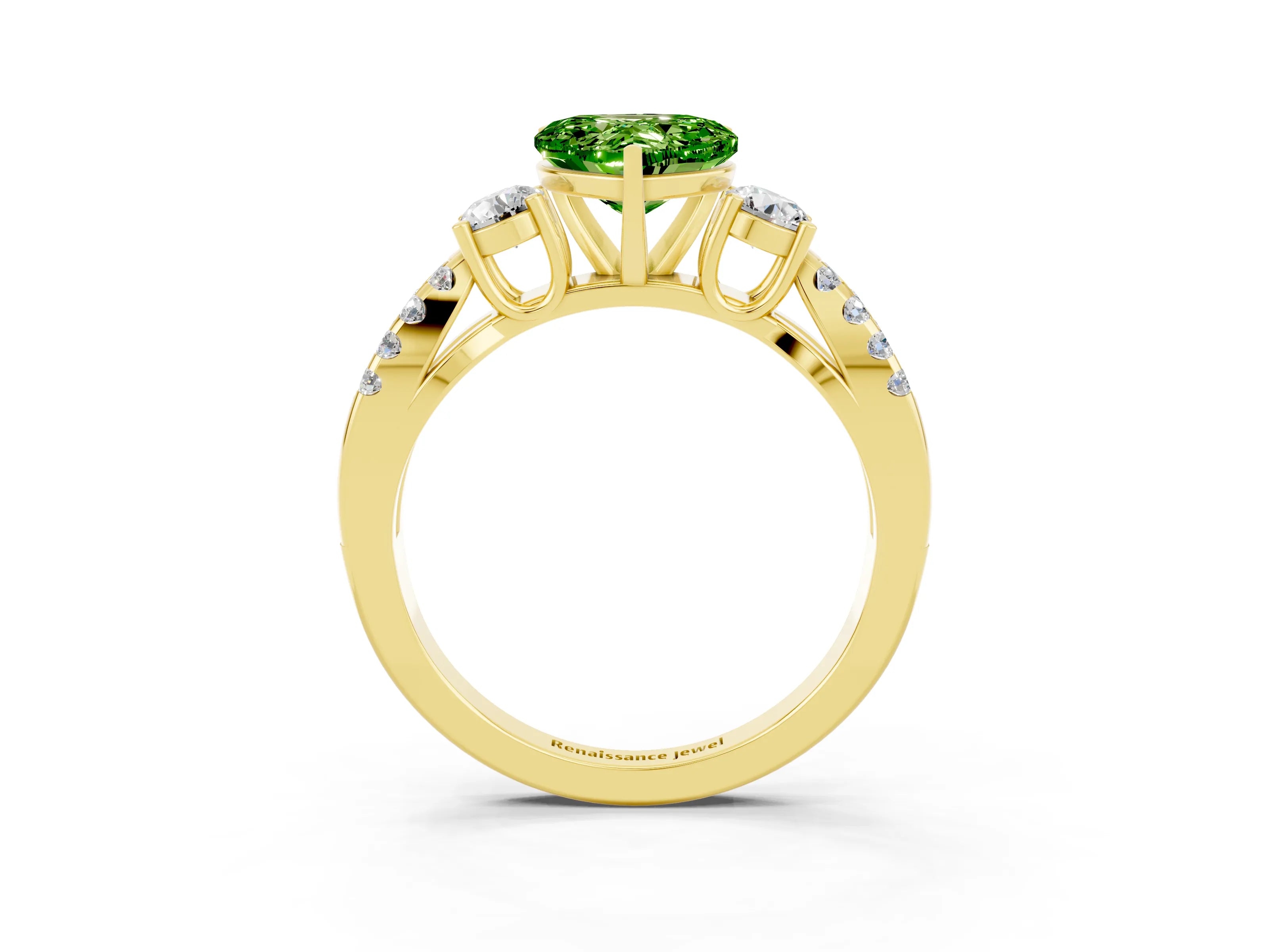 Yellow gold Heart Cut Peridot Three-Stone Ring with Pavé Split Shank and Four-Prong Setting_3