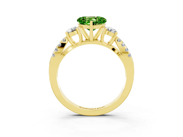 Yellow gold Heart Cut Peridot Three-Stone Ring with Pavé Split Shank and Four-Prong Setting