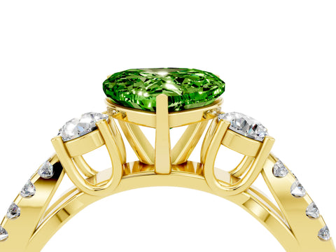 Yellow gold Heart Cut Peridot Three-Stone Ring with Pavé Split Shank and Four-Prong Setting_4