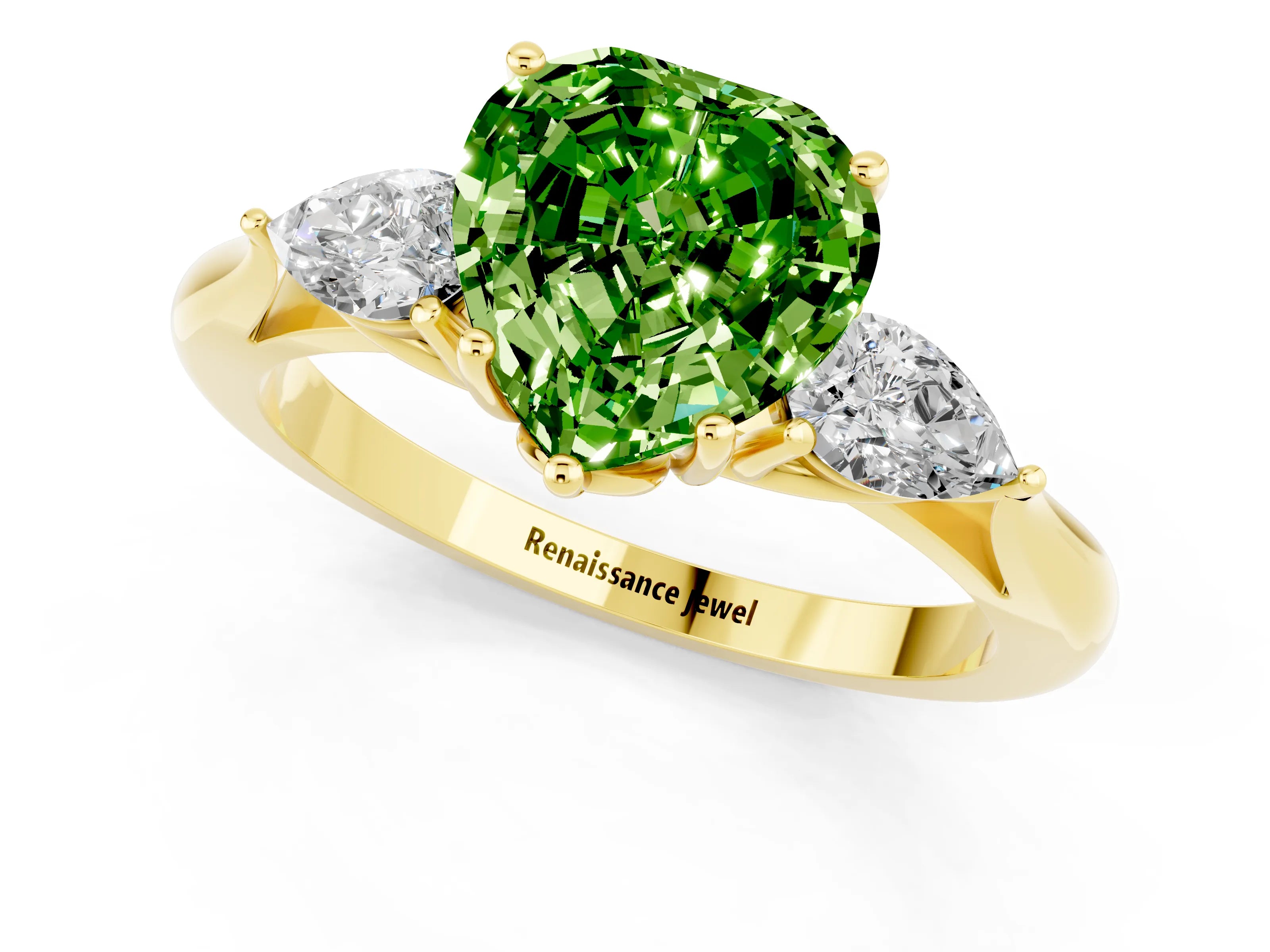 Yellow gold Heart Cut Peridot Three-Stone Ring with Pear Side Stones and Four-Prong Setting_13