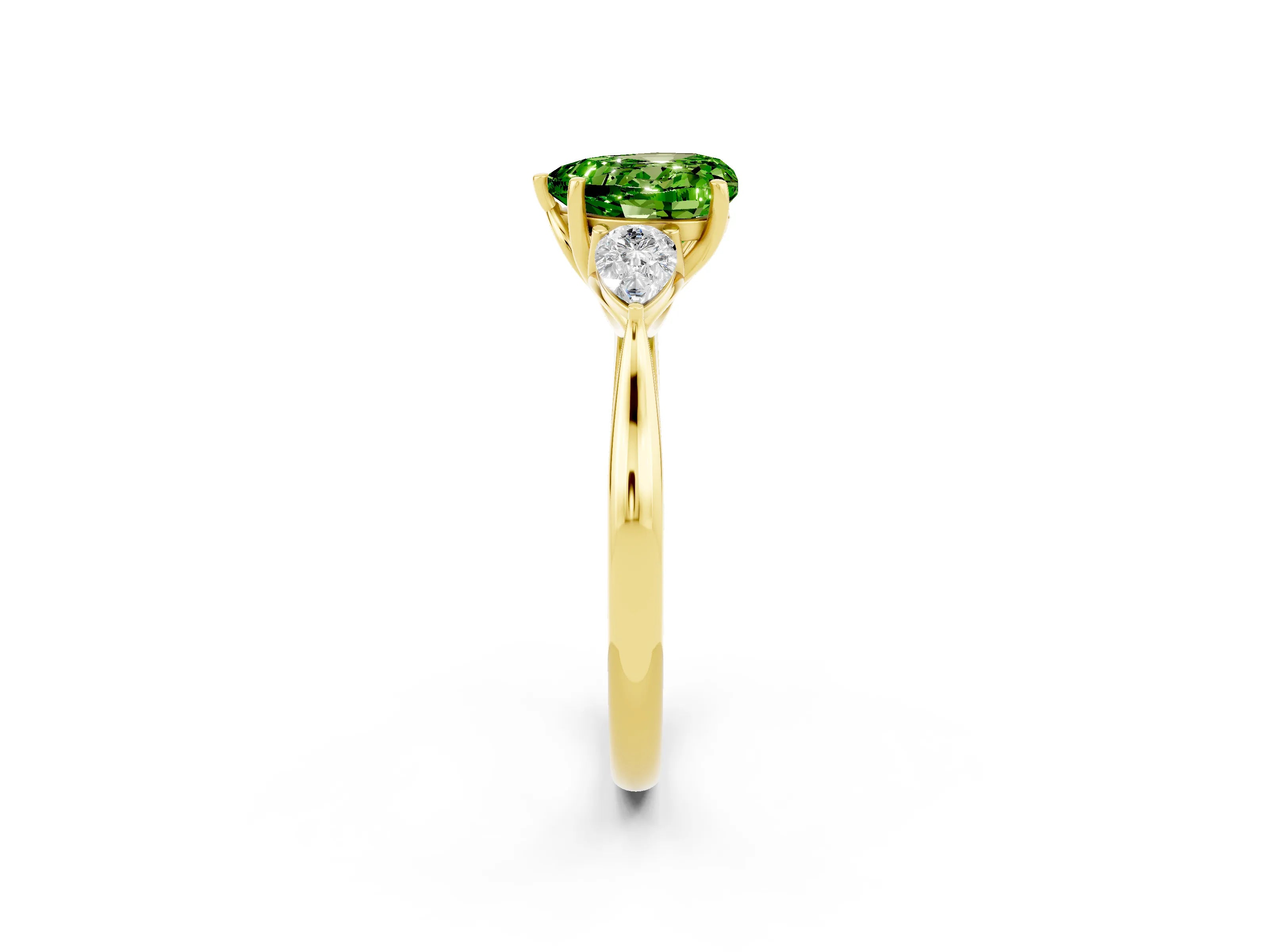 Yellow gold Heart Cut Peridot Three-Stone Ring with Pear Side Stones and Four-Prong Setting_14