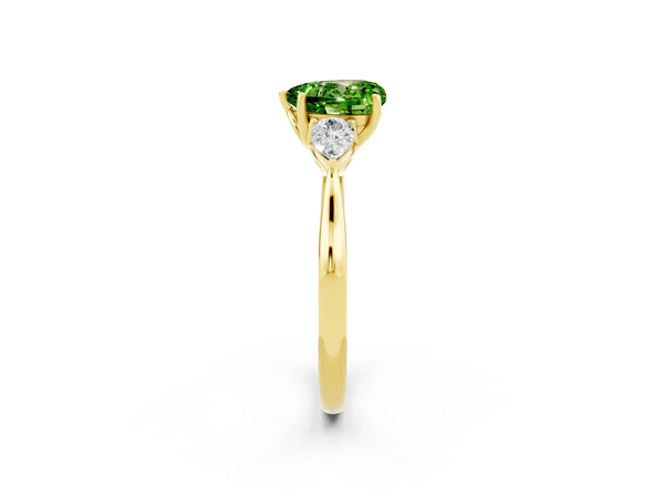 Yellow gold Heart Cut Peridot Three-Stone Ring with Pear  Side Stones and Prong Setting