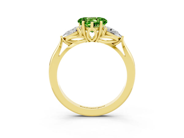 Yellow gold Heart Cut Peridot Three-Stone Ring with Pear  Side Stones and Prong Setting