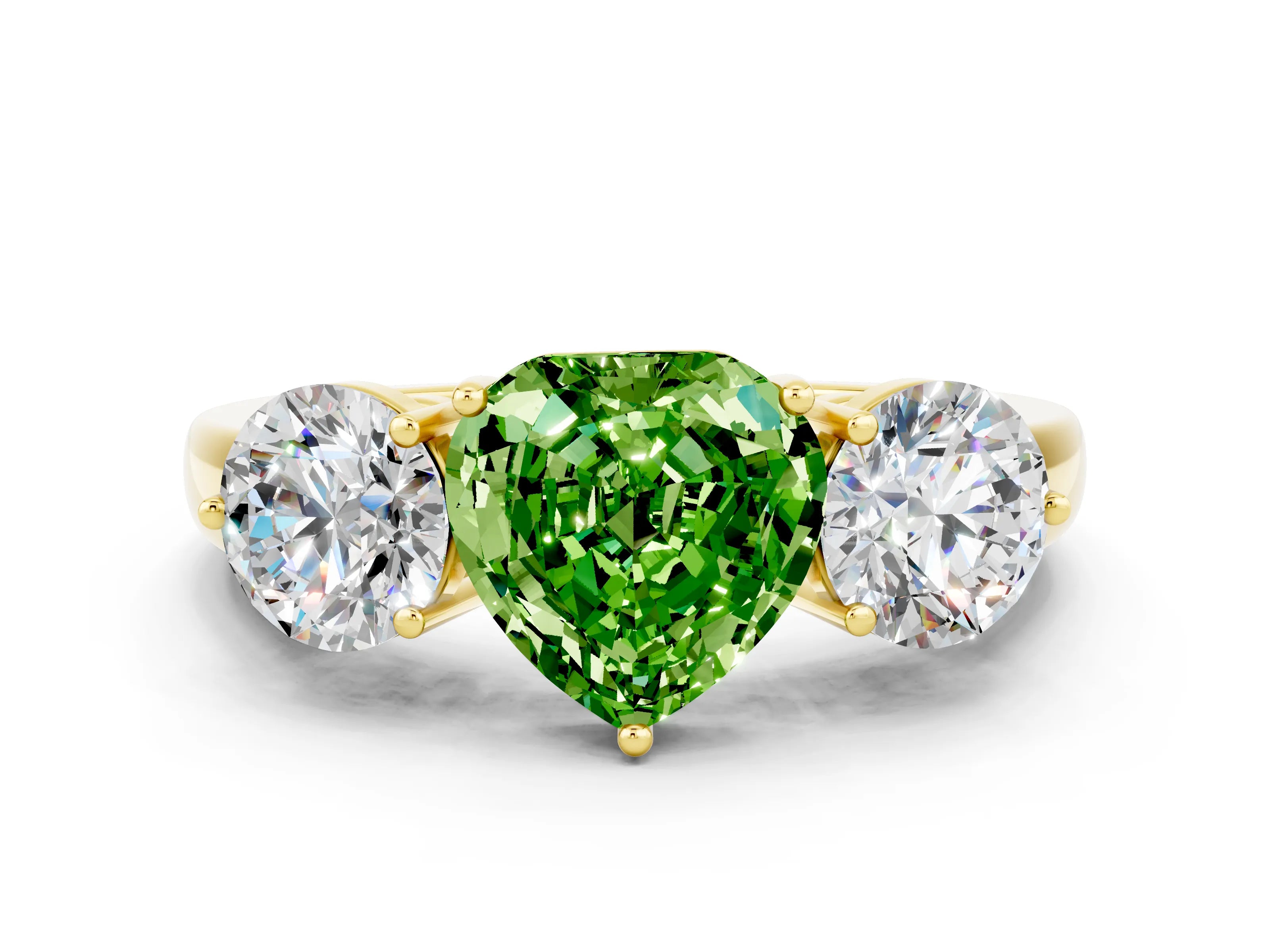 Yellow gold Heart Cut Peridot Three-Stone Ring with Prong Setting and Classic Band