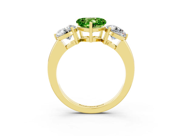 Yellow gold Heart Cut Peridot Three-Stone Ring with Prong Setting and Classic Band