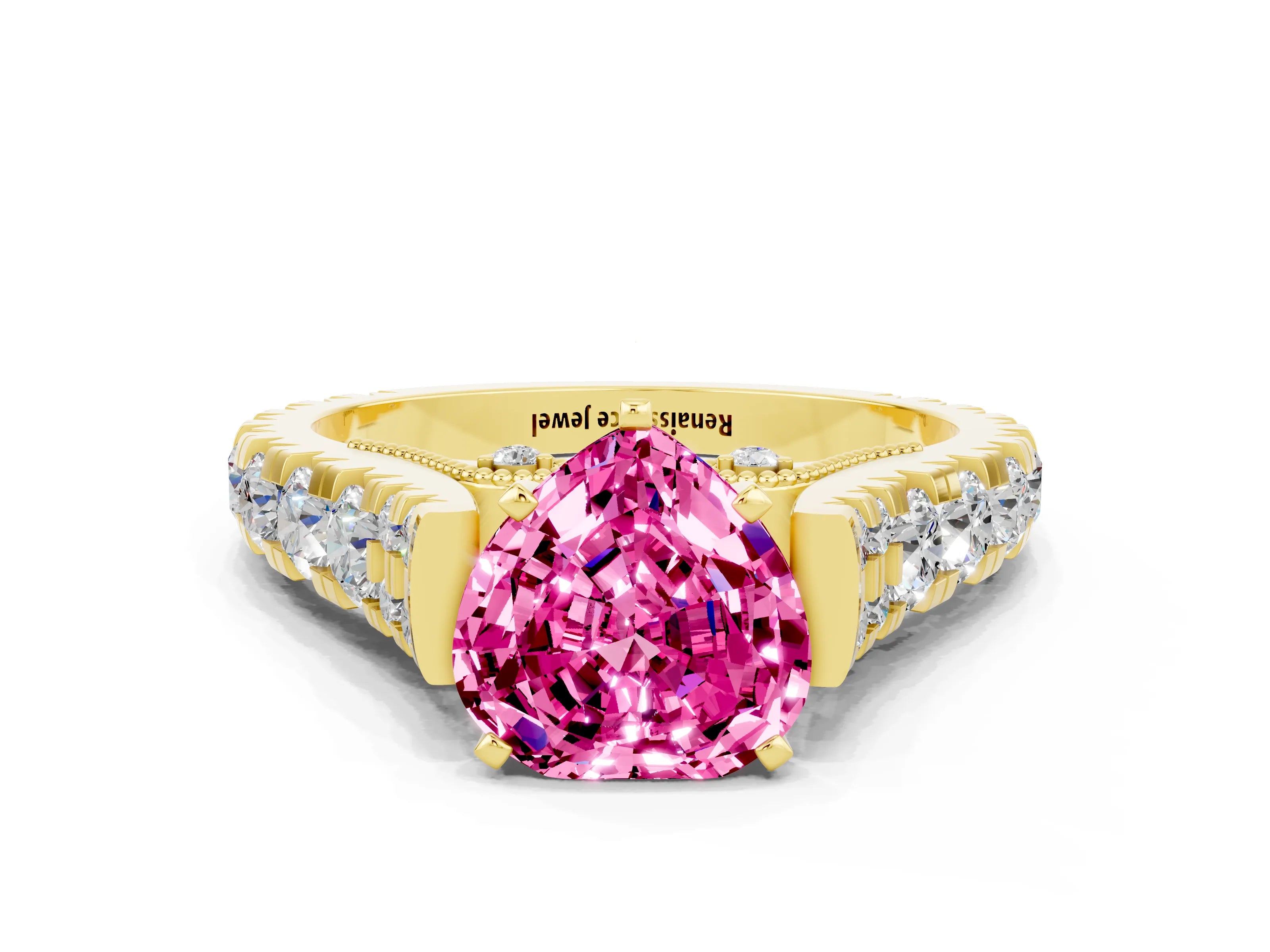 Yellow gold Heart Cut Pink Sapphire Classic Solitaire Ring with Pavé Band and Four-Prong Setting_12