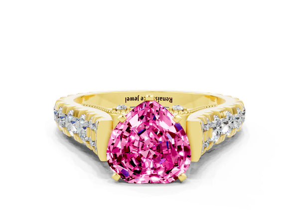 Yellow gold Heart Cut Pink Sapphire Classic Solitaire Ring with Pavé Band and Four-Prong Setting