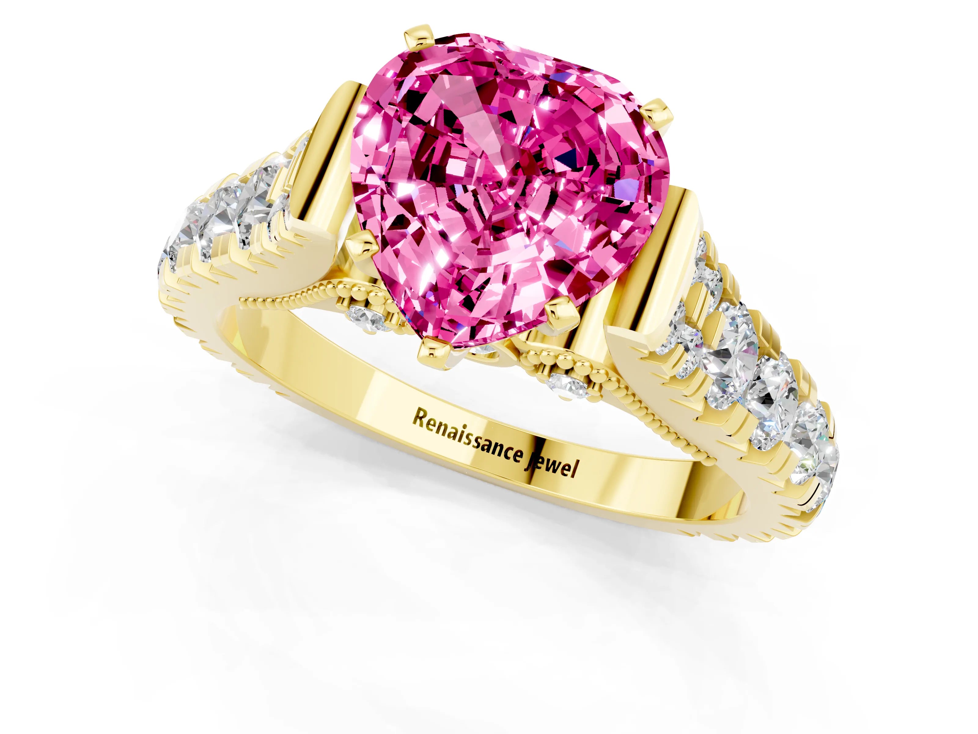 Yellow gold Heart Cut Pink Sapphire Classic Solitaire Ring with Pavé Band and Four-Prong Setting_13