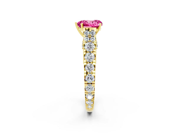 Yellow gold Heart Cut Pink Sapphire Classic Solitaire Ring with Pavé Band and Four-Prong Setting