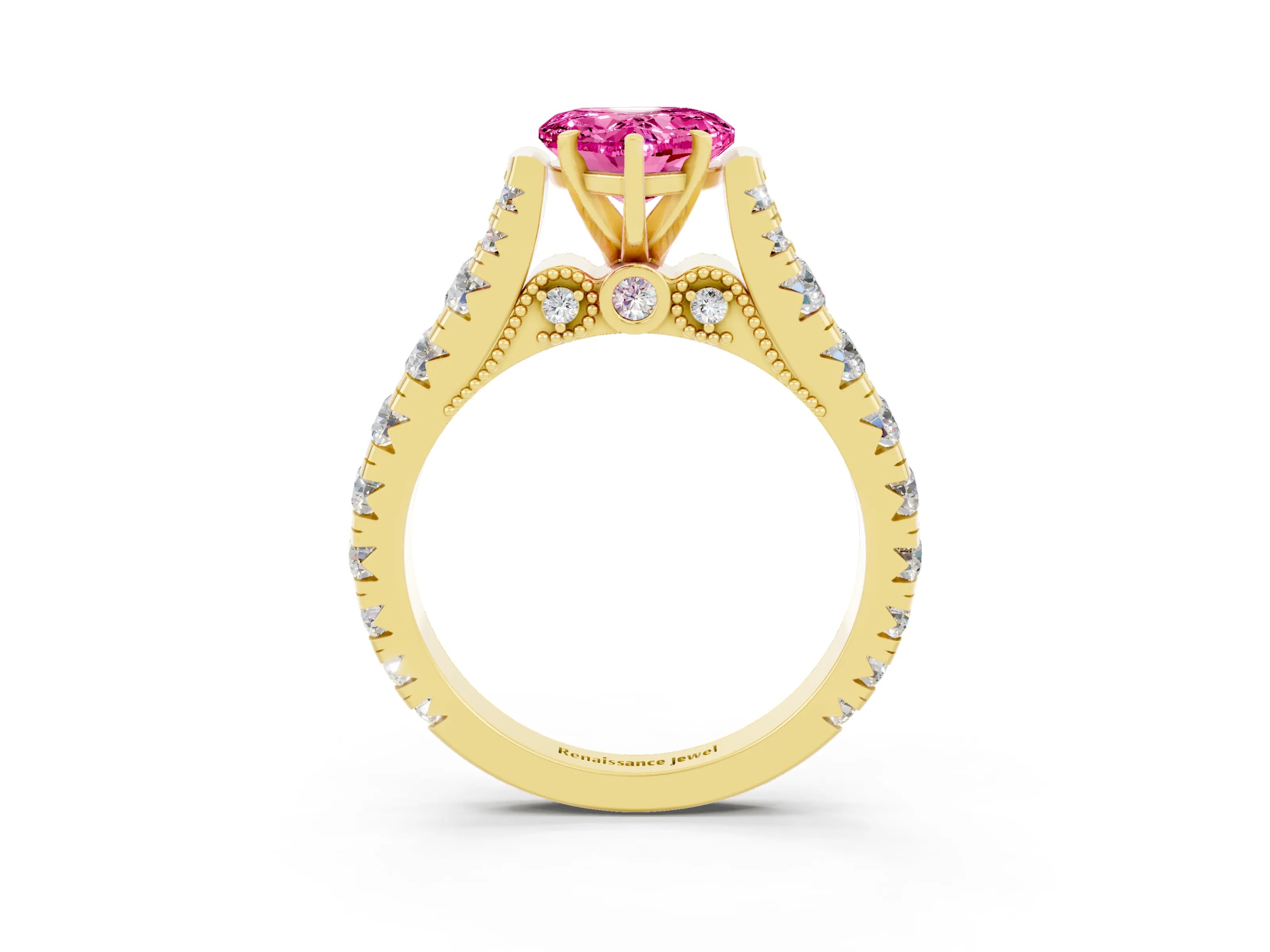 Yellow gold Heart Cut Pink Sapphire Classic Solitaire Ring with Pavé Band and Four-Prong Setting_15