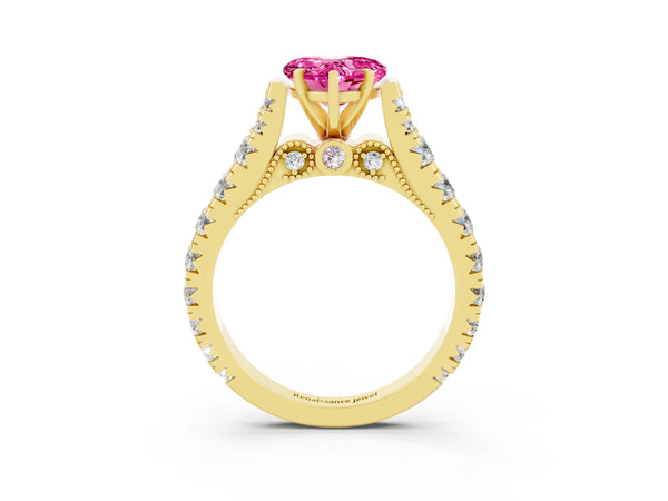 Yellow gold Heart Cut Pink Sapphire Classic Solitaire Ring with Pavé Band and Four-Prong Setting
